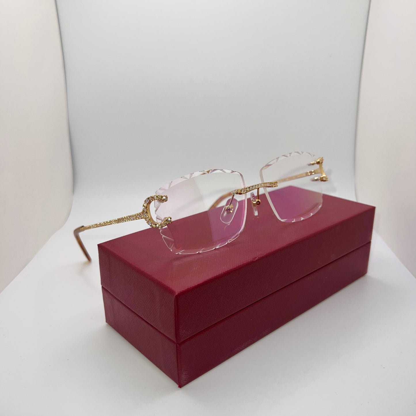 Moissanite “Wires” Gold Big C Rimless Sunglasses w/ Clear Diamond Cut Lenses