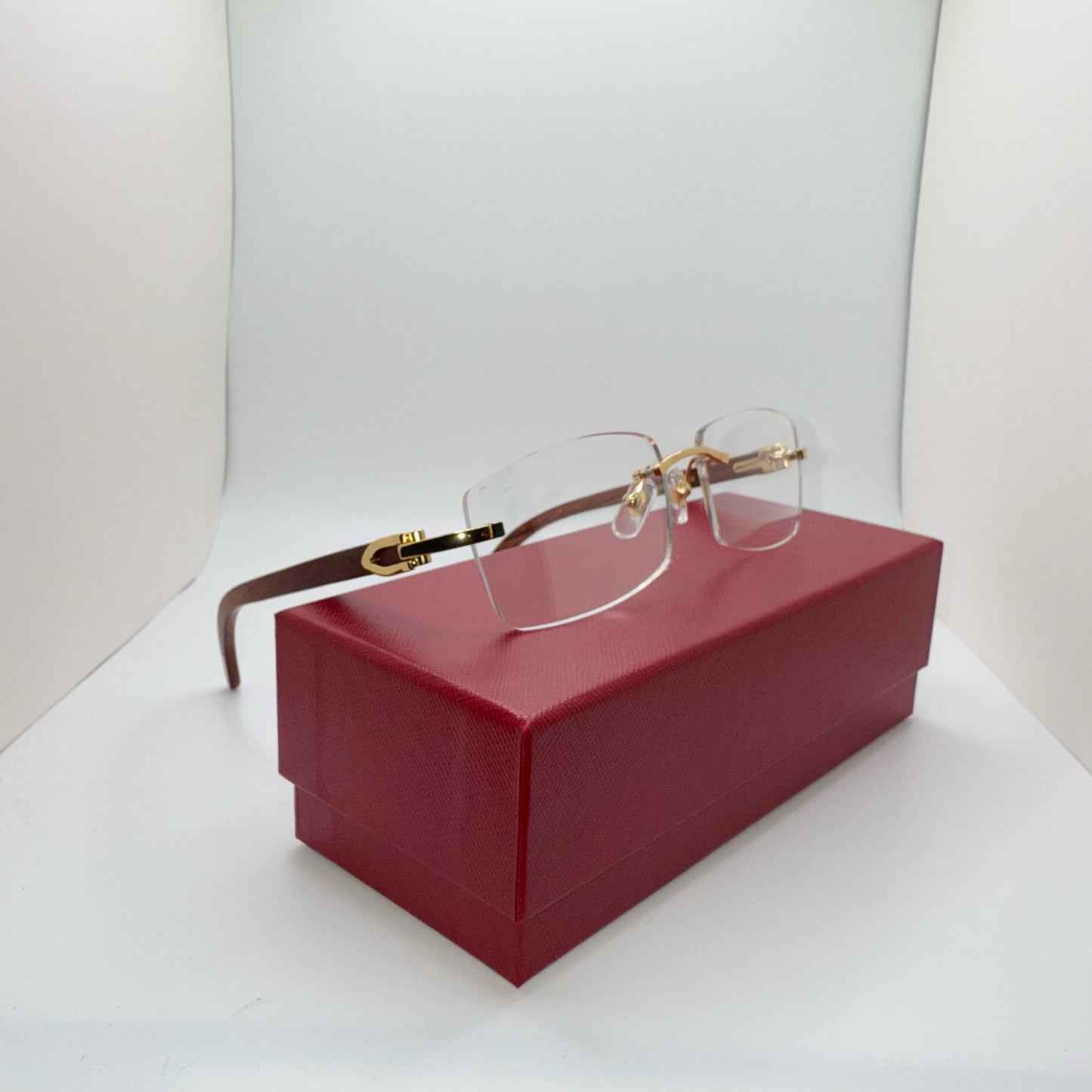 Brown “Woods” Gold/Wooden Rimless Sunglasses w/ Clear Lenses