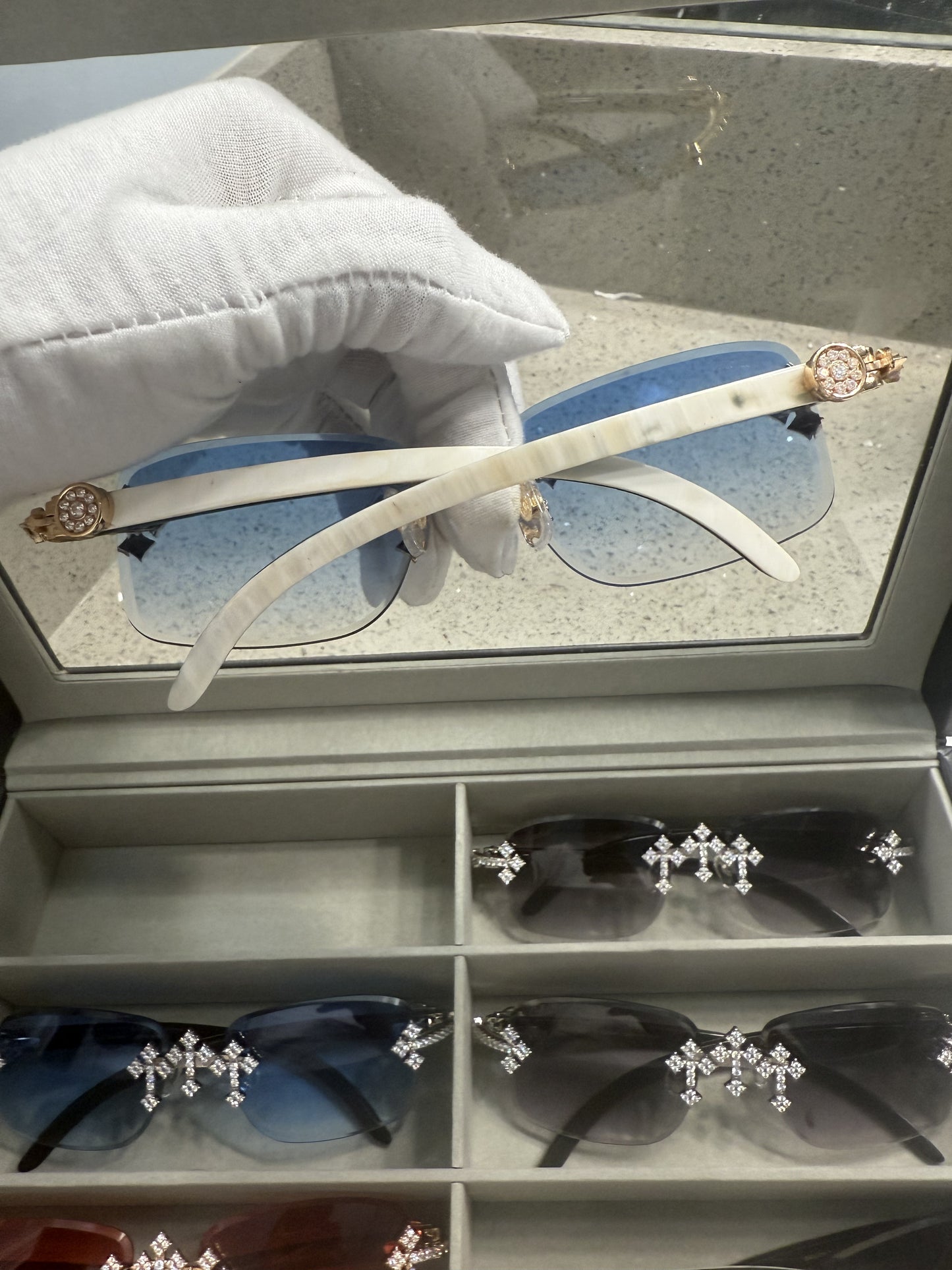 Triple Cross “Buffs” Gold/White Buffalo Horn Rimless Sunglasses w/ Blue Lenses