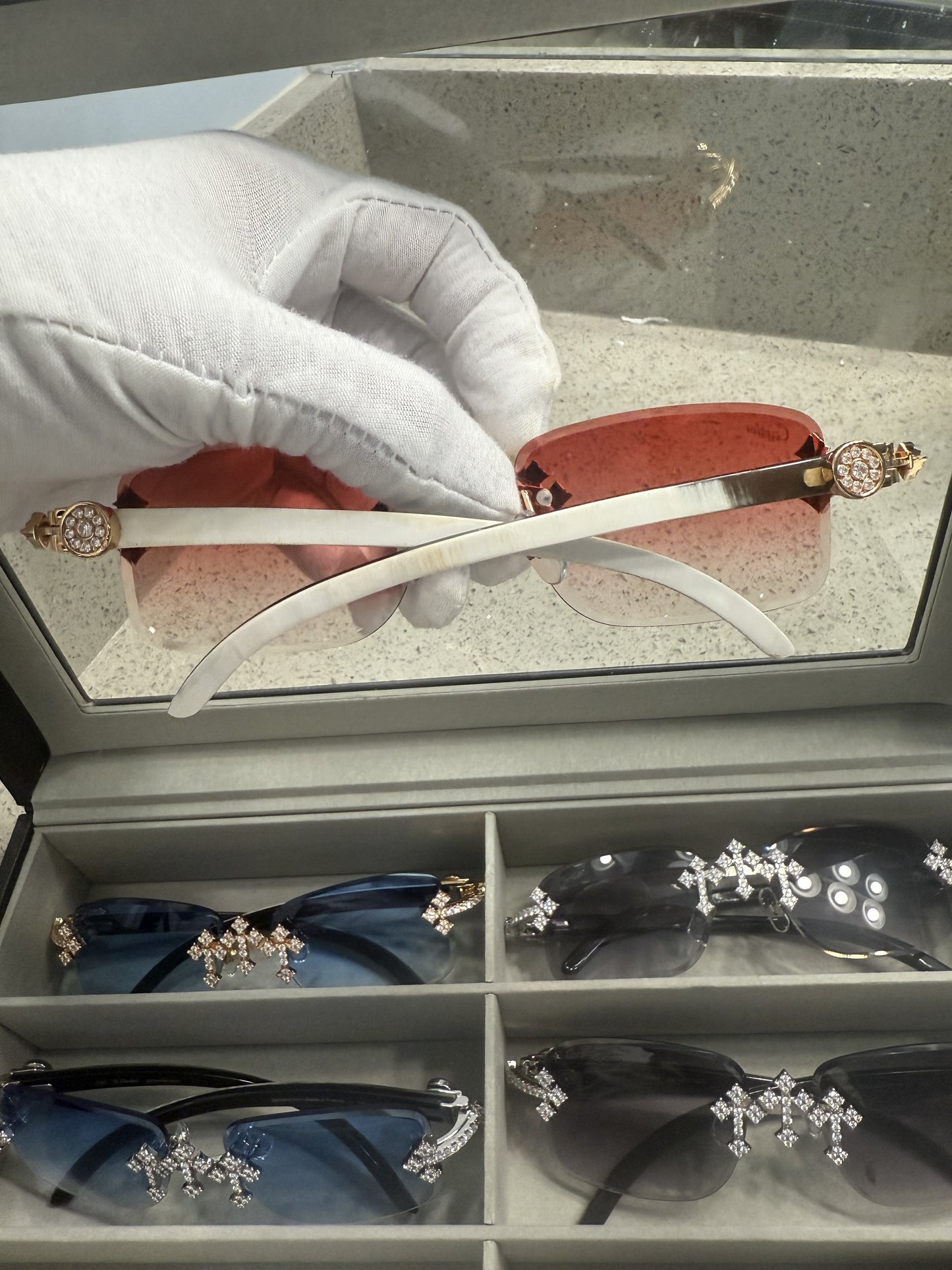 Triple Cross “Buffs” Gold/White Buffalo Horn Rimless Sunglasses w/ Red Lenses