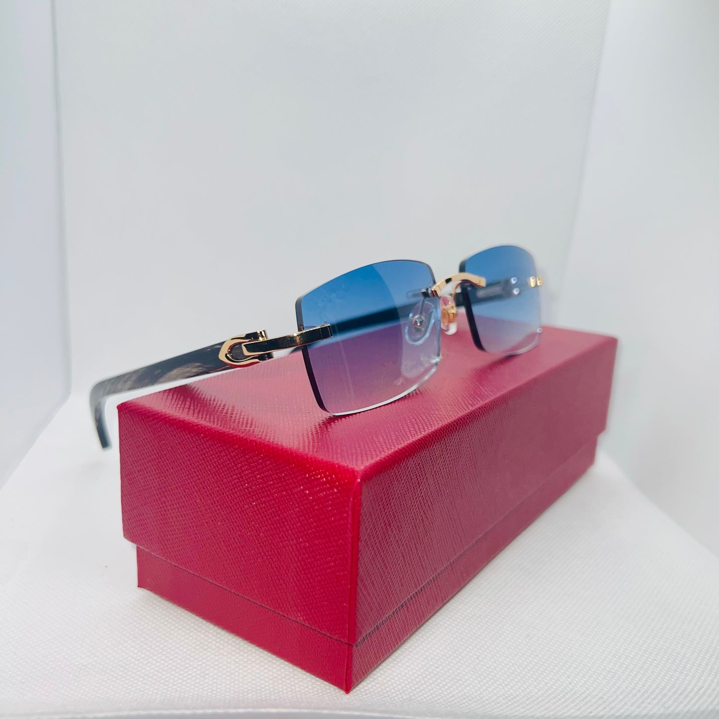 Black “Buffs” Gold/Black Buffalo Horn Rimless Sunglasses w/ Blue Lenses