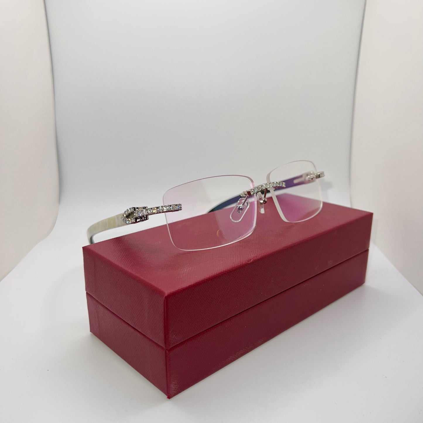 Moissanite “Buffs” Silver/White Buffalo Horn Rimless Sunglasses w/ Clear Lenses