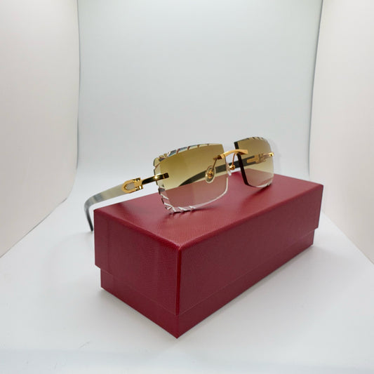 White “Buffs” Gold/White Buffalo Horn Rimless Sunglasses w/ Brown Diamond Cut Lenses