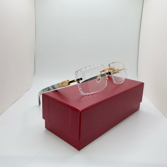 White “Buffs” Gold/White Buffalo Horn Rimless Sunglasses w/ Clear Diamond Cut Lenses