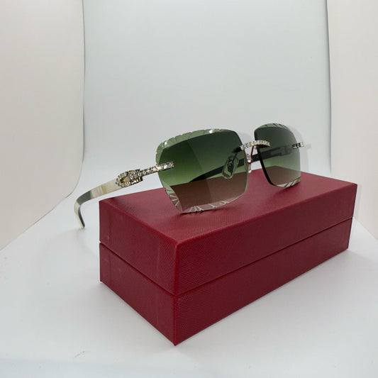 Moissanite “Buffs” Silver/White Buffalo Horn Rimless Sunglasses w/ Green Diamond Cut Lenses