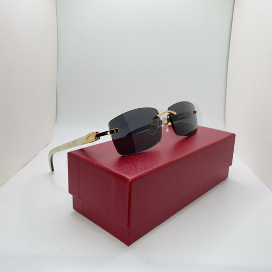 White “Buffs” Gold/White Buffalo Horn Rimless Sunglasses w/ Black Lenses