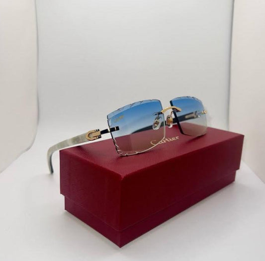 White “Buffs” Gold/White Buffalo Horn Rimless Sunglasses w/ Blue Diamond Cut Lenses