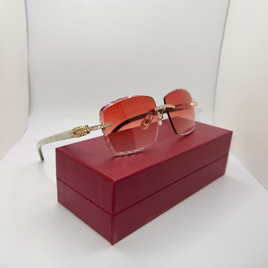 Moissanite “Buffs” Gold/White Buffalo Horn Rimless Sunglasses w/ Red Diamond Cut Lenses