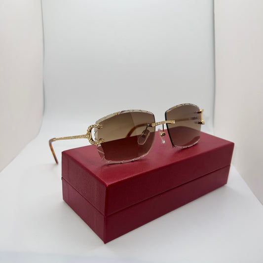 Moissanite “Wires” Gold Big C Rimless Sunglasses w/ Brown Diamond Cut Lenses