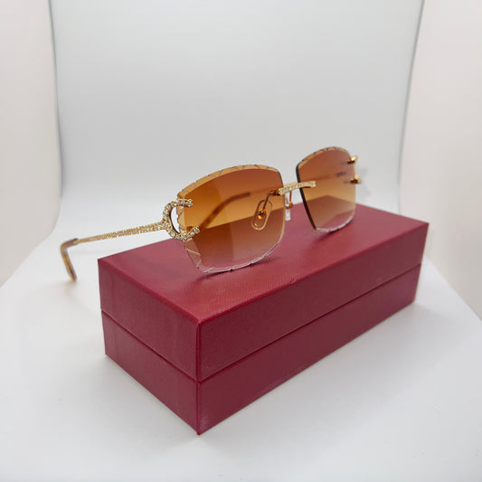 Moissanite “Wires” Gold Big C Rimless Sunglasses w/ Honey Diamond Cut Lenses