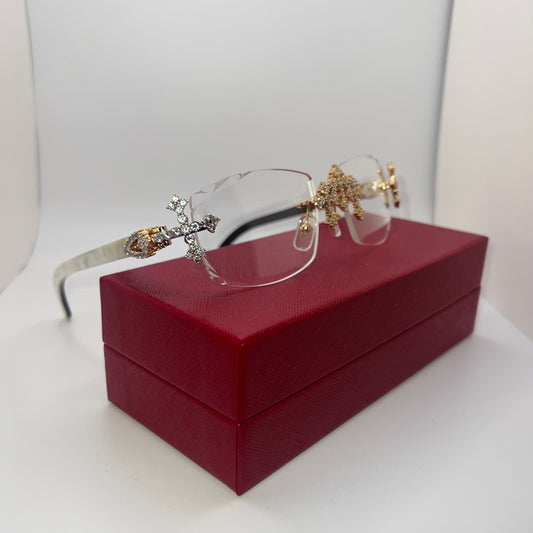 Triple Cross “Buffs” Gold/White Buffalo Horn Rimless Sunglasses w/ Clear Lenses