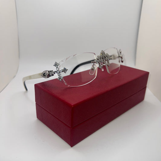 Triple Cross “Buffs” Silver/White Buffalo Horn Rimless Sunglasses w/ Clear Lenses