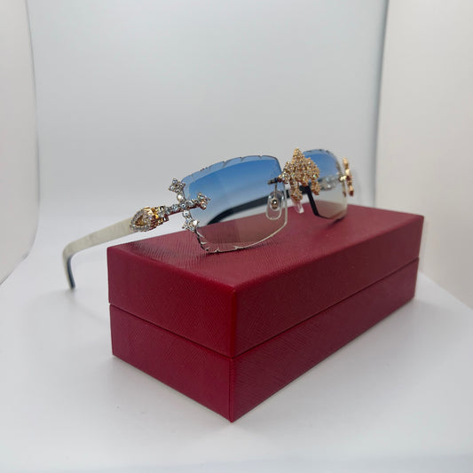 Triple Cross “Buffs” Gold/White Buffalo Horn Rimless Sunglasses w/ Blue Diamond Cut Lenses