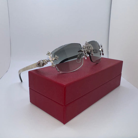 Triple Cross “Buffs” Silver/White Buffalo Horn Rimless Sunglasses w/ Gray Diamond Cut Lenses