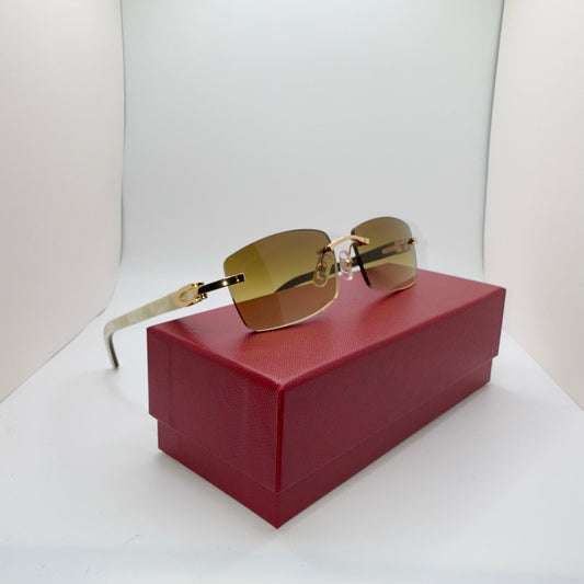 White “Buffs” Gold/White Buffalo Horn Rimless Sunglasses w/ Brown Lenses