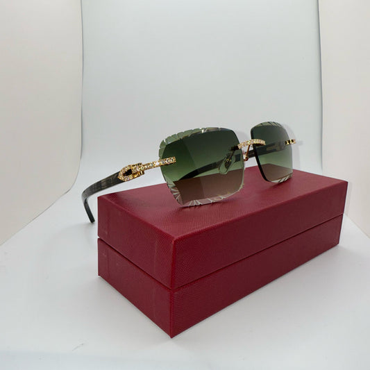 Moissanite “Buffs” Gold/Black Buffalo Horn Rimless Sunglasses w/ Green Diamond Cut Lenses