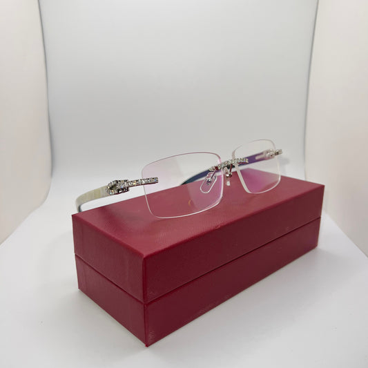 Moissanite “Buffs” Silver/White Buffalo Horn Rimless Sunglasses w/ Clear Lenses