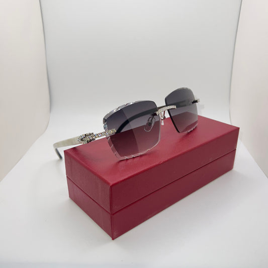 Moissanite “Buffs” Silver/White Buffalo Horn Rimless Sunglasses w/ Gray Diamond Cut Lenses