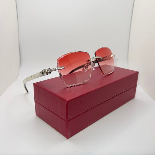 Moissanite “Buffs” Silver/White Buffalo Horn Rimless Sunglasses w/ Red Diamond Cut Lenses