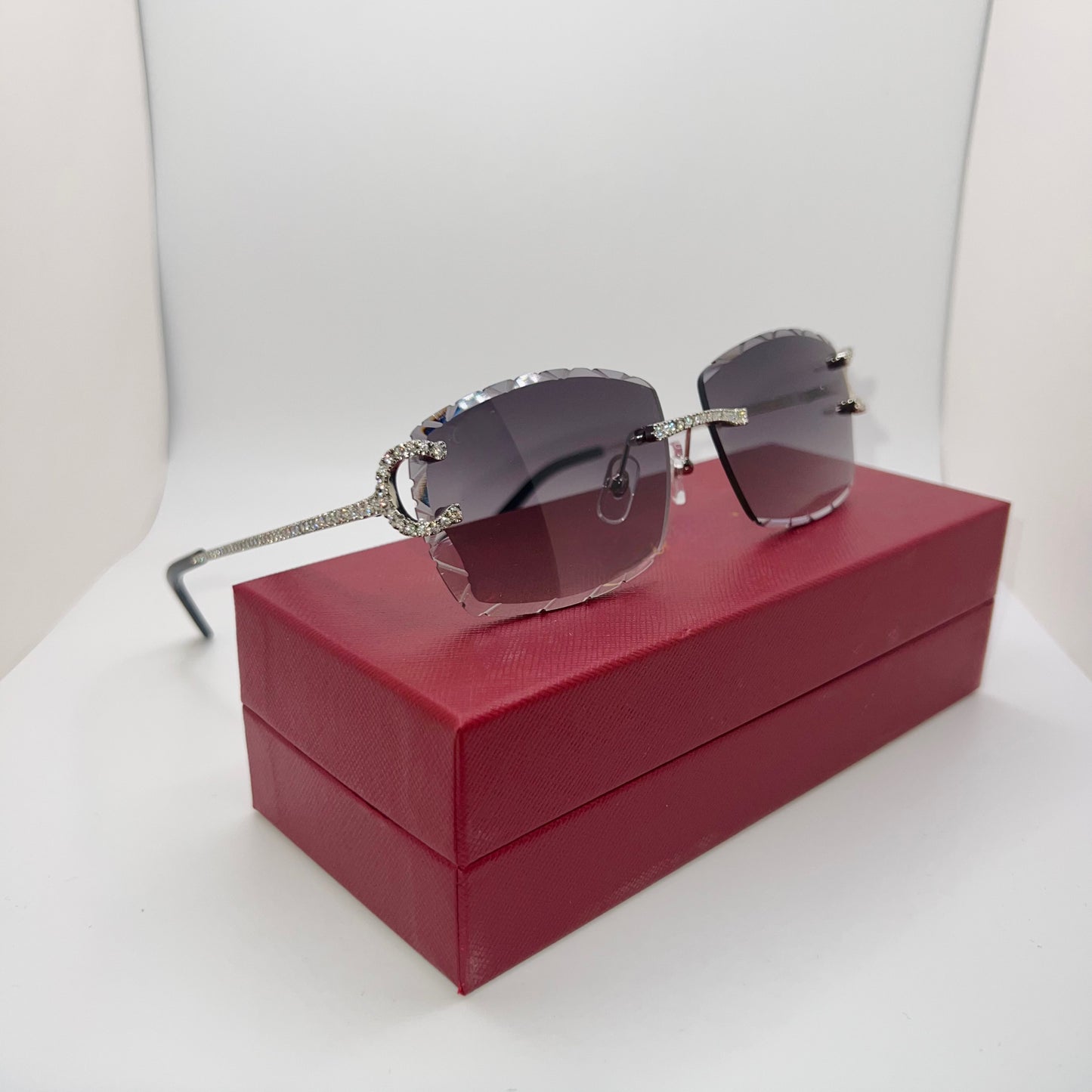Moissanite “Wires” Silver Big C Rimless Sunglasses w/ Gray Diamond Cut Lenses
