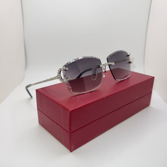 Moissanite “Wires” Silver Big C Rimless Sunglasses w/ Gray Diamond Cut Lenses